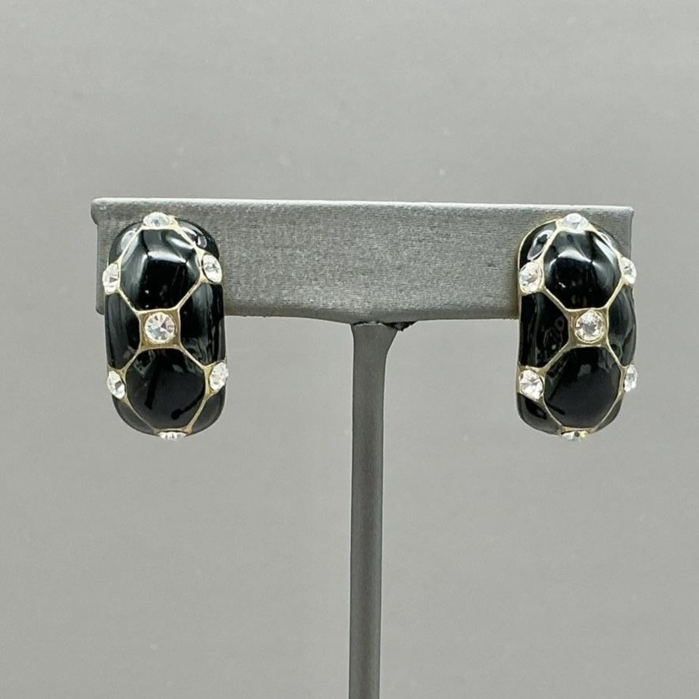 Earrings Black Enamel‎ Rhinestone Huggie Hoop Womens Clip On Jewelry Statement